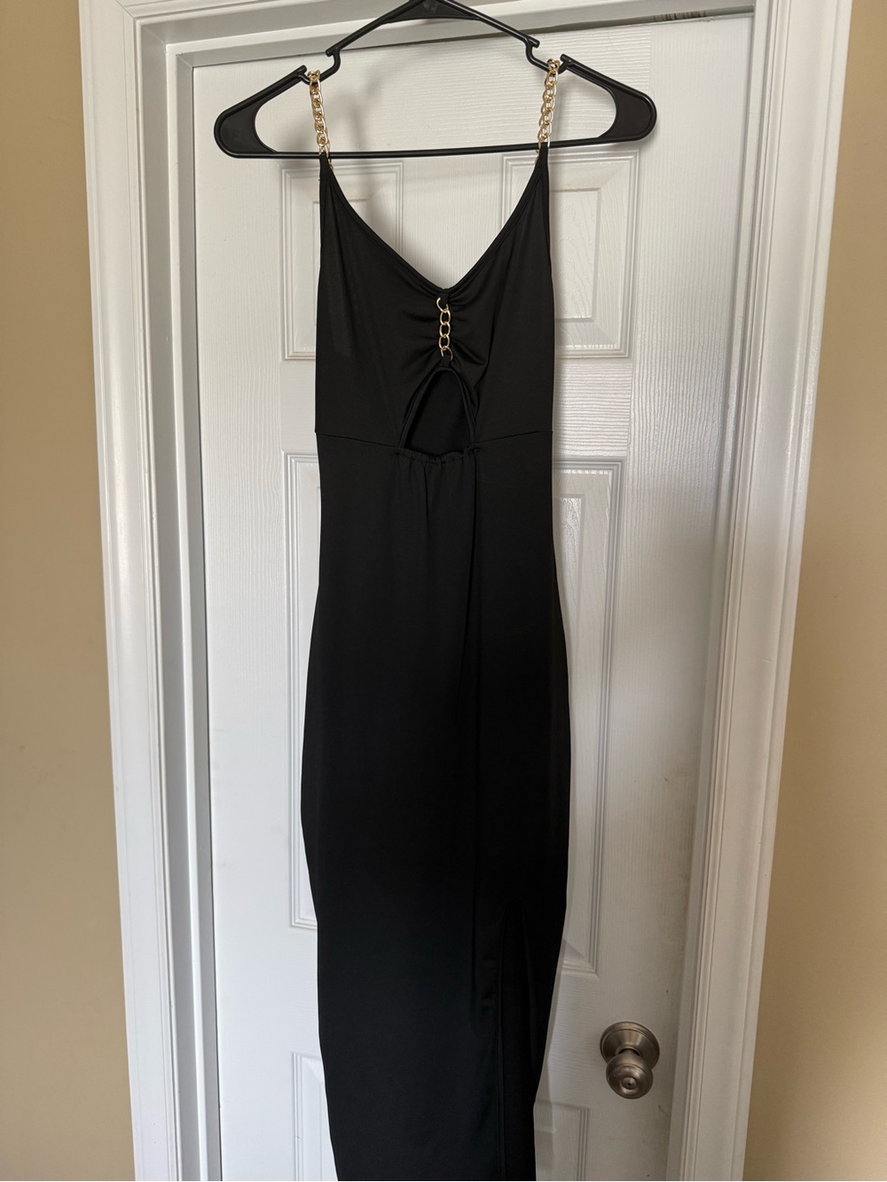 SHEIN Black Backless Slip Dress with Gold Chain Straps